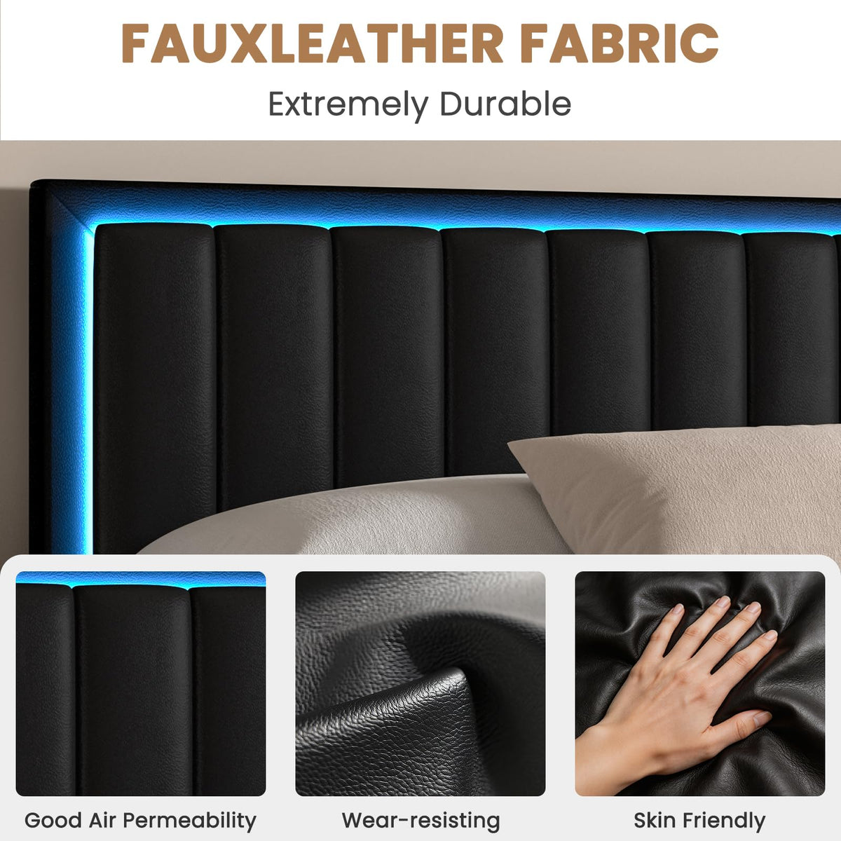 Black Full Size Floating Bed Frame with LED Lights H319787