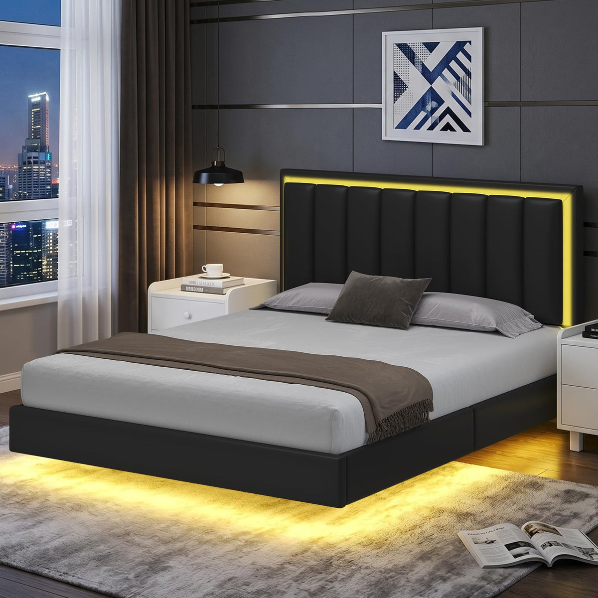 Black Full Size Floating Bed Frame with LED Lights H319787