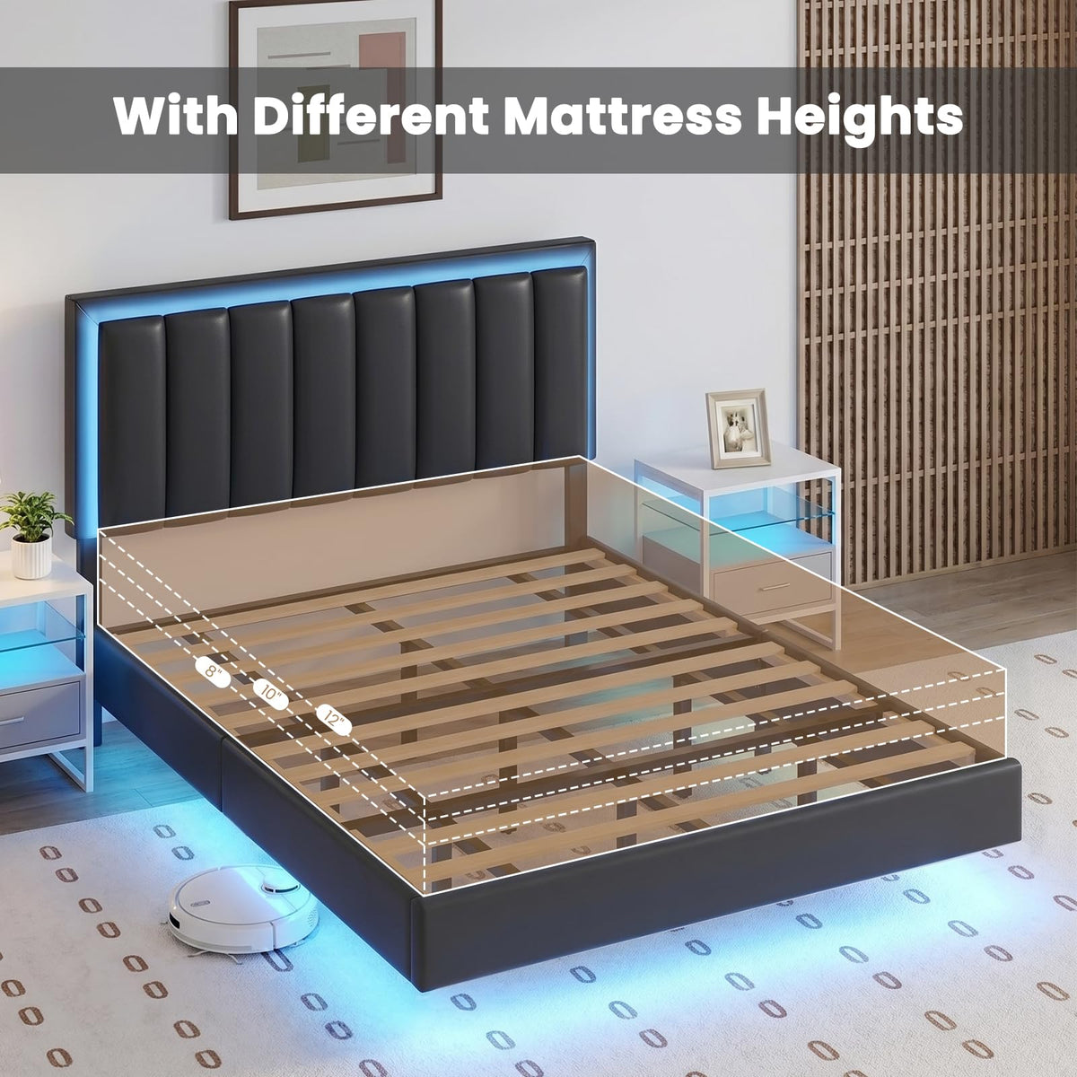 Black Full Size Floating Bed Frame with LED Lights H319787