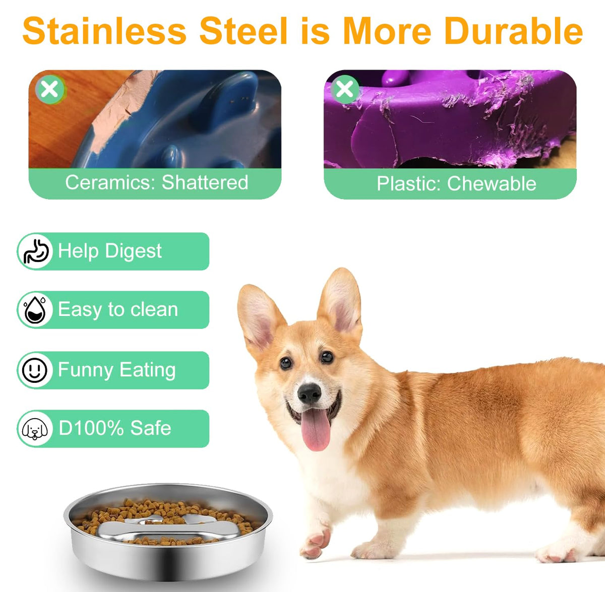 Stainless Steel Slow Feeder Dog Bowls, 2 Pcs X453