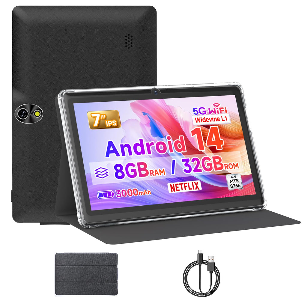 7 Inch Android Tablet with Protective Case, 8GB RAM 32GB ROM, Black W44984