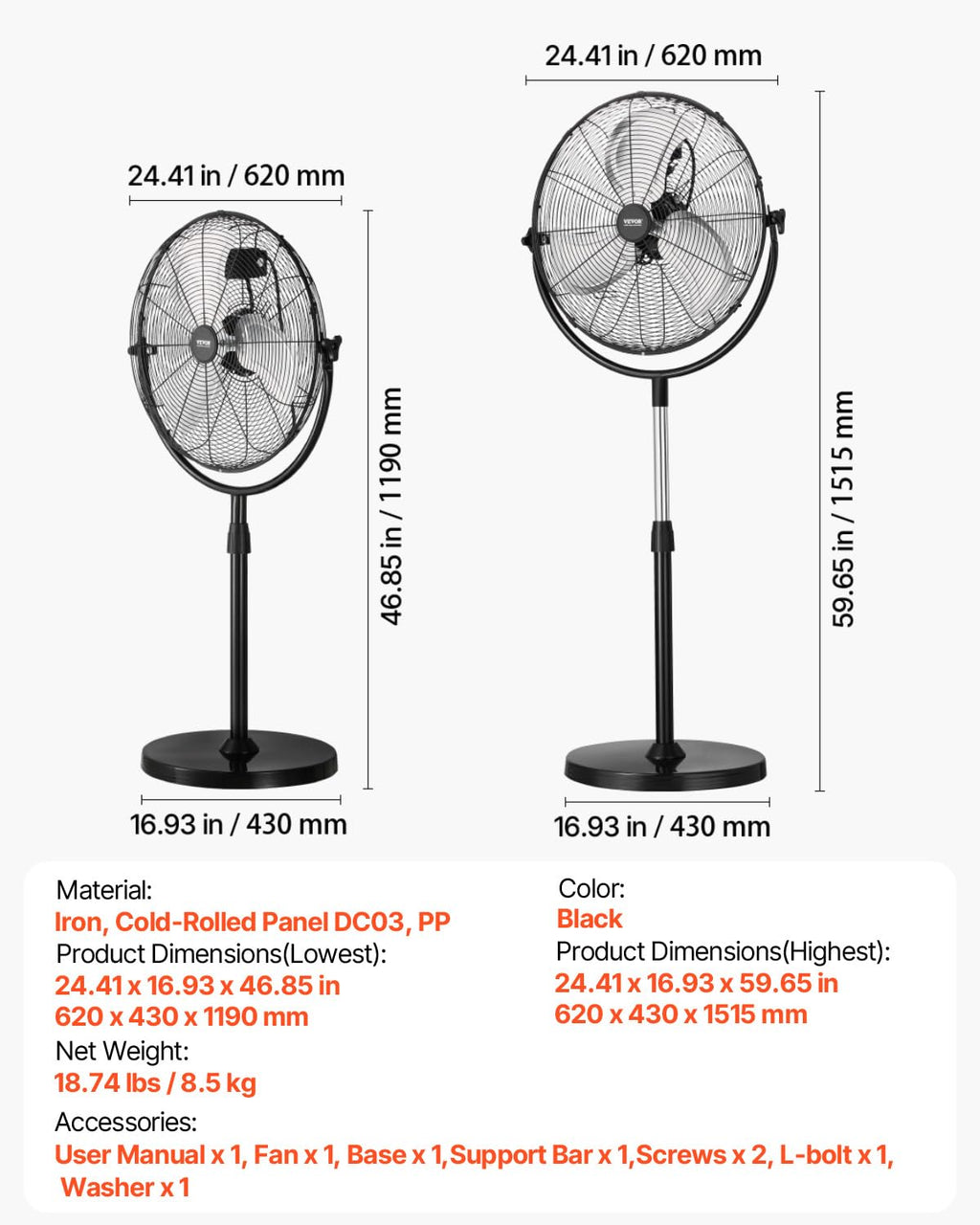 20 Inch 3 Speed Adjustable Height Pedestal Fan B15604