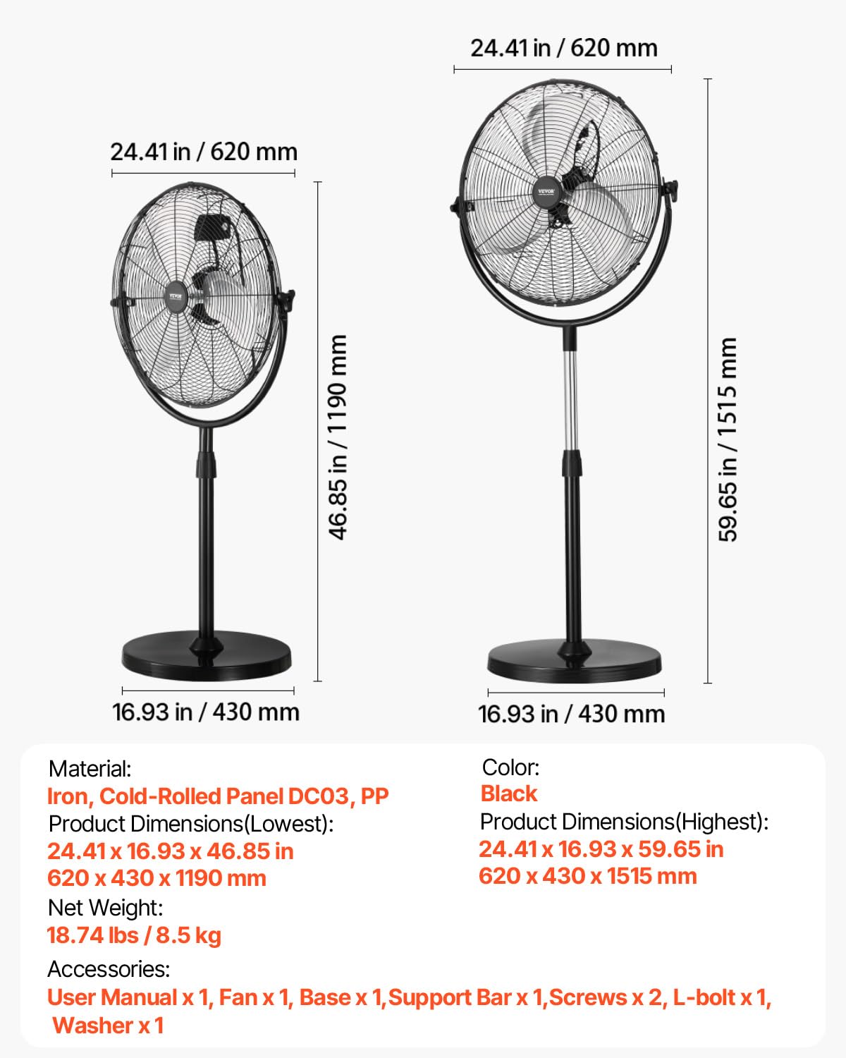 20 Inch 3 Speed Adjustable Height Pedestal Fan B15604