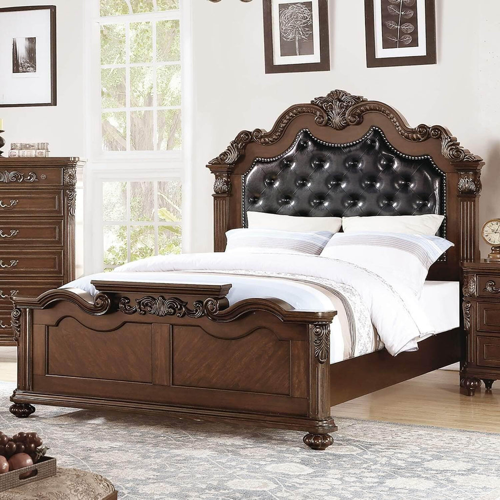 California King Faux Leather Tufted Cherry Wood Sleigh Bed Frame E222