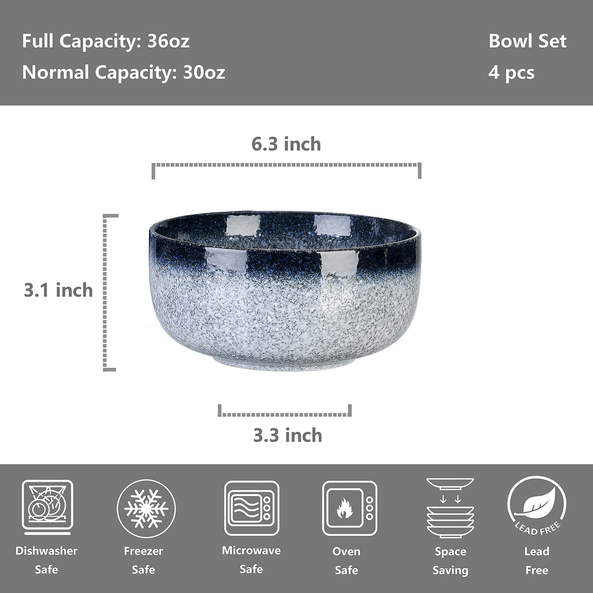 36 Ounce Ceramic Bowl Set of 4 Dark Blue H606170