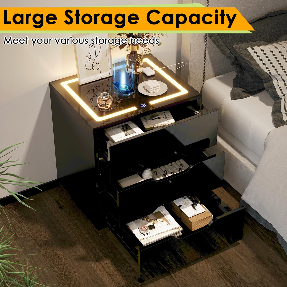 LED Nightstand with Wireless Charging Station 3 Drawers N6012