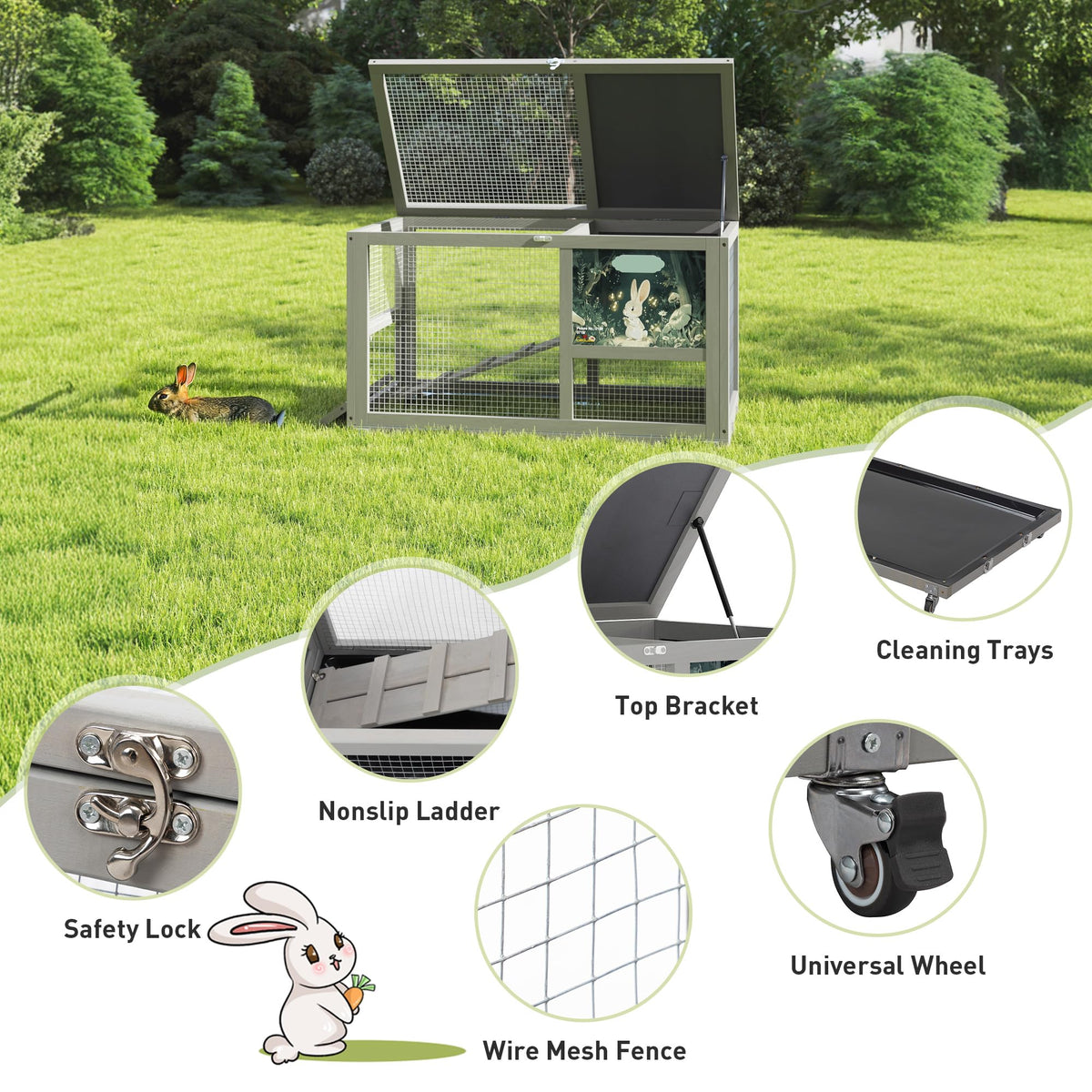 36.5" Two-Level Wooden Rabbit Hutch with Casters & Ramp X9741