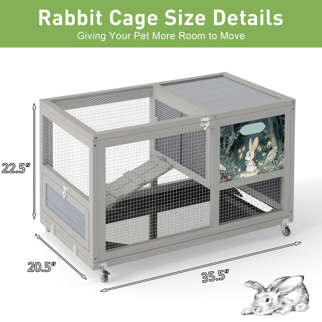 36.5" Two-Level Wooden Rabbit Hutch with Casters & Ramp X9741