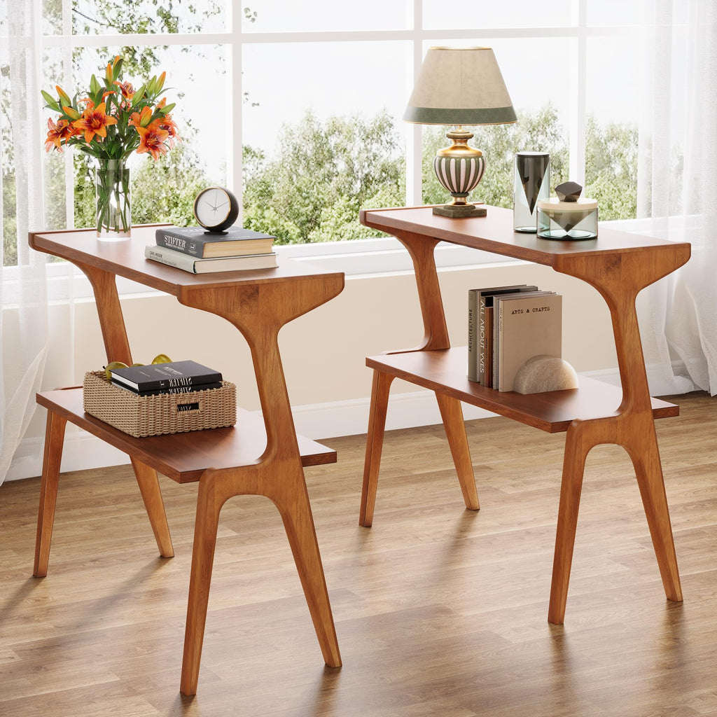 Wood 2-Tier End Table with Storage Shelves W70884