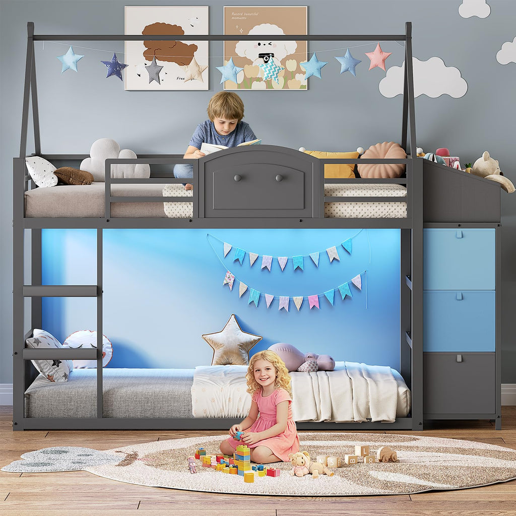 Twin Over Twin Bunk Bed with 3 Storage Drawers and Stairs I159832