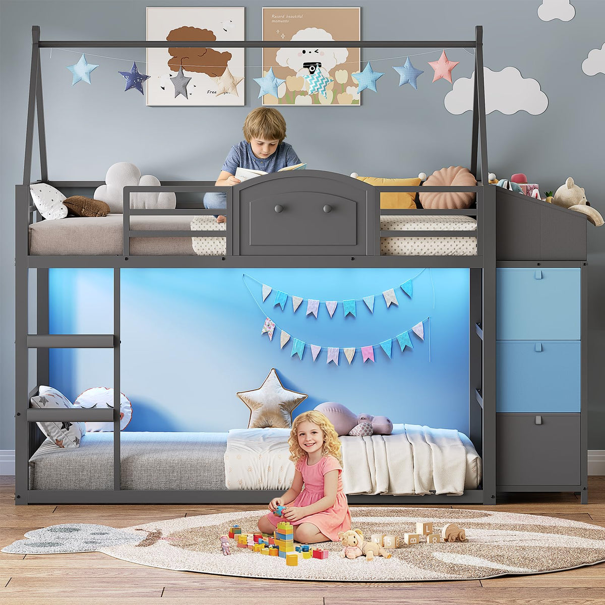 Twin Over Twin Bunk Bed with 3 Storage Drawers and Stairs I159832