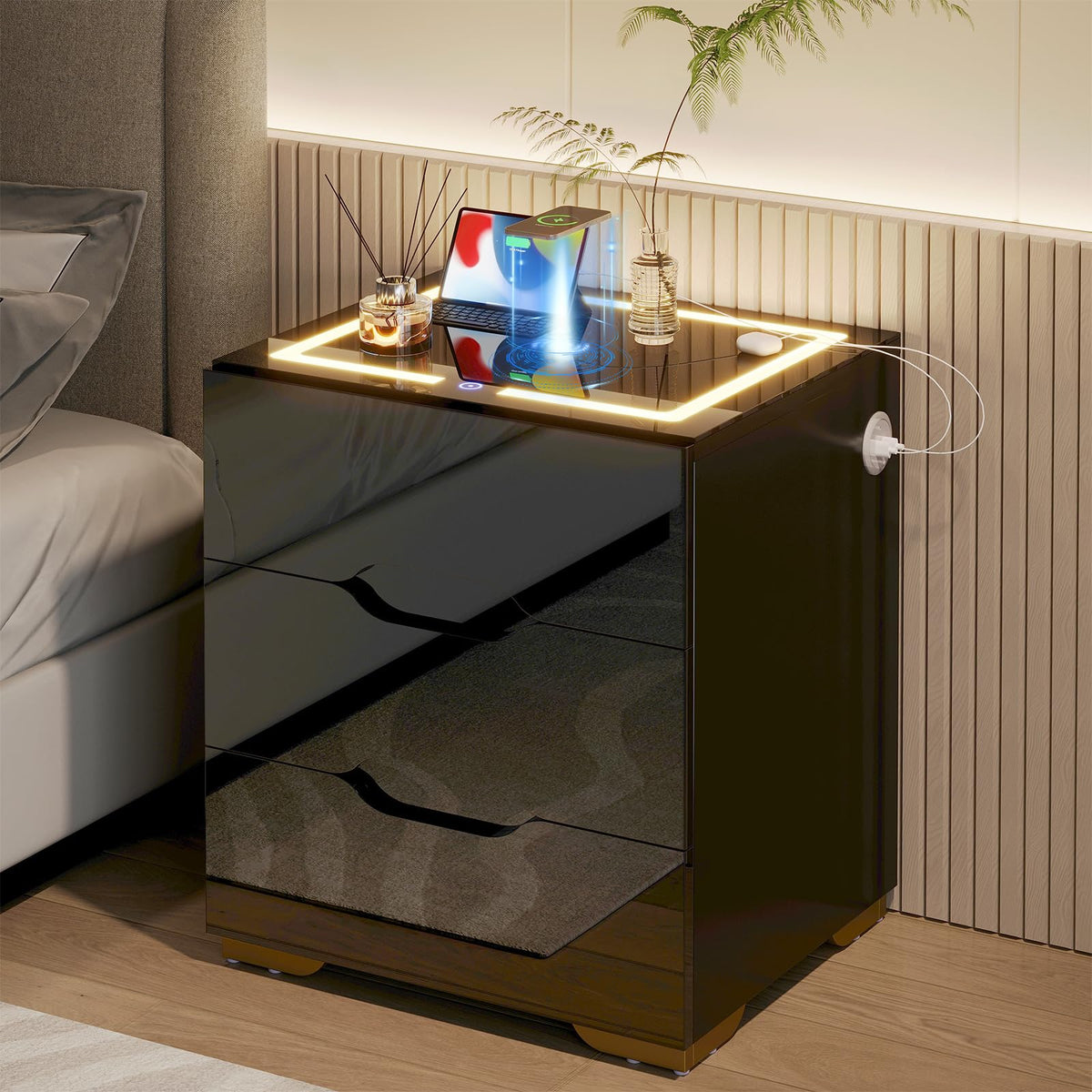 LED Nightstand with Wireless Charging Station 3 Drawers N6012