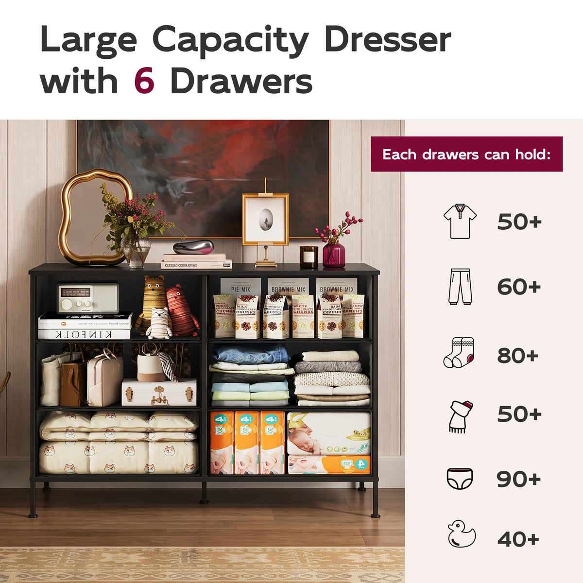 Black 6 Drawer Fabric Dresser F811