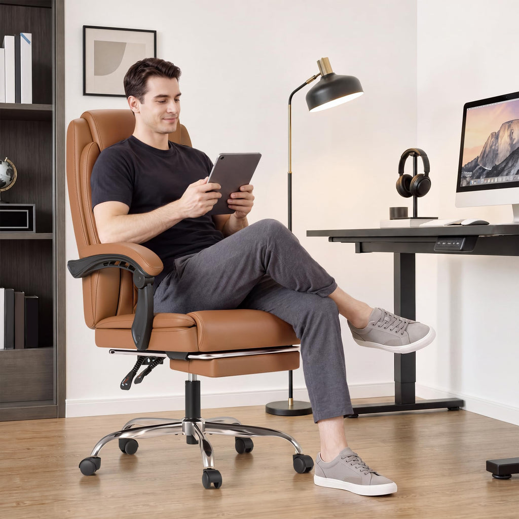 Brown Leather Ergonomic High Back Office Chair with Footrest U108