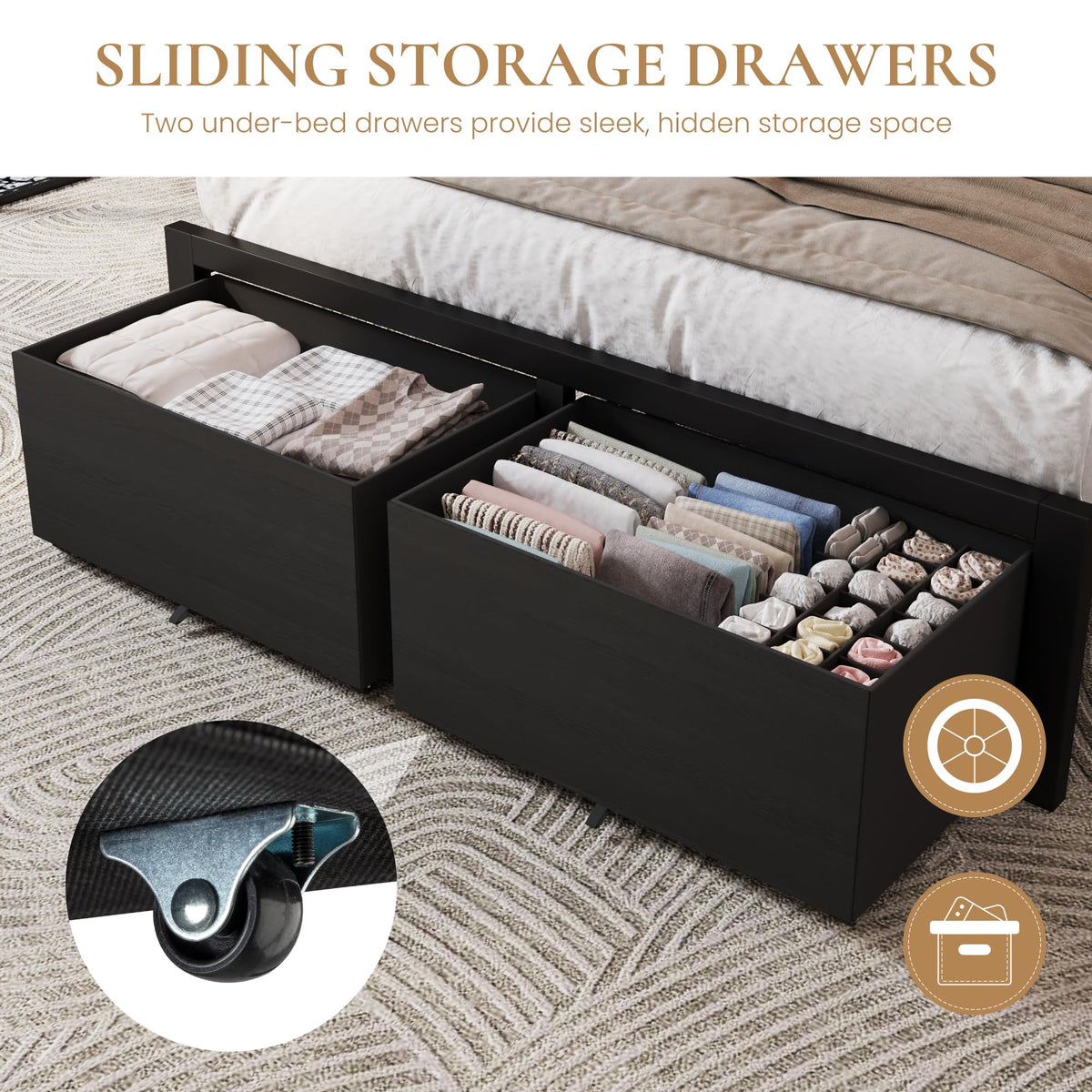 Queen Led Bed Frame with 2 Storage Drawers and Charging Station, Black E116278