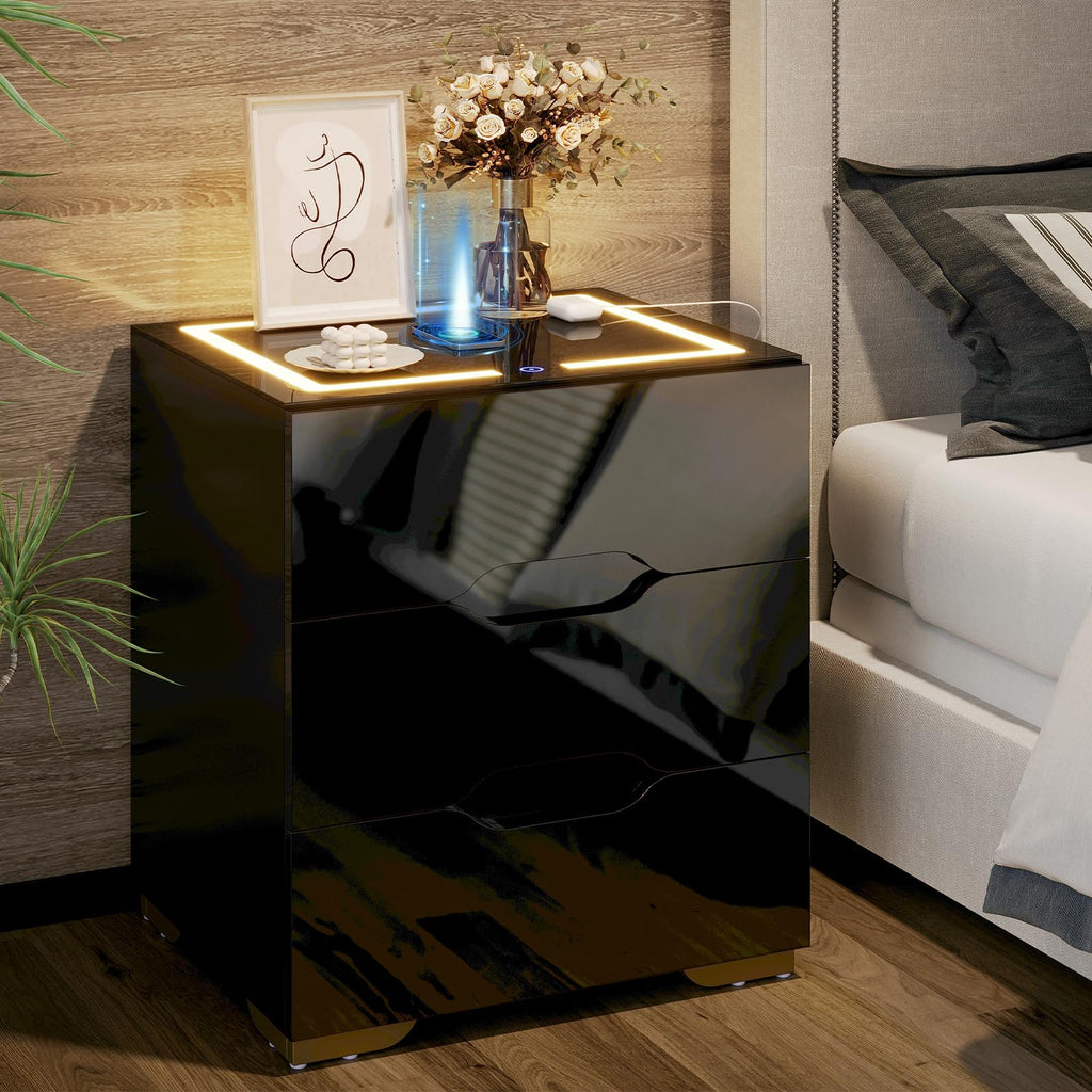 LED Nightstand with Wireless Charging Station 3 Drawers N6012