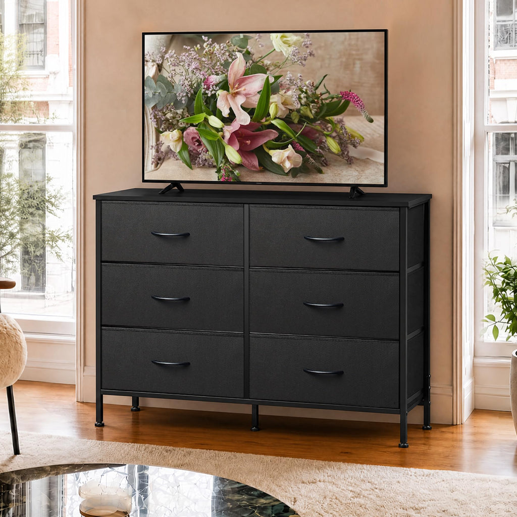 Black 6 Drawer Fabric Dresser F811