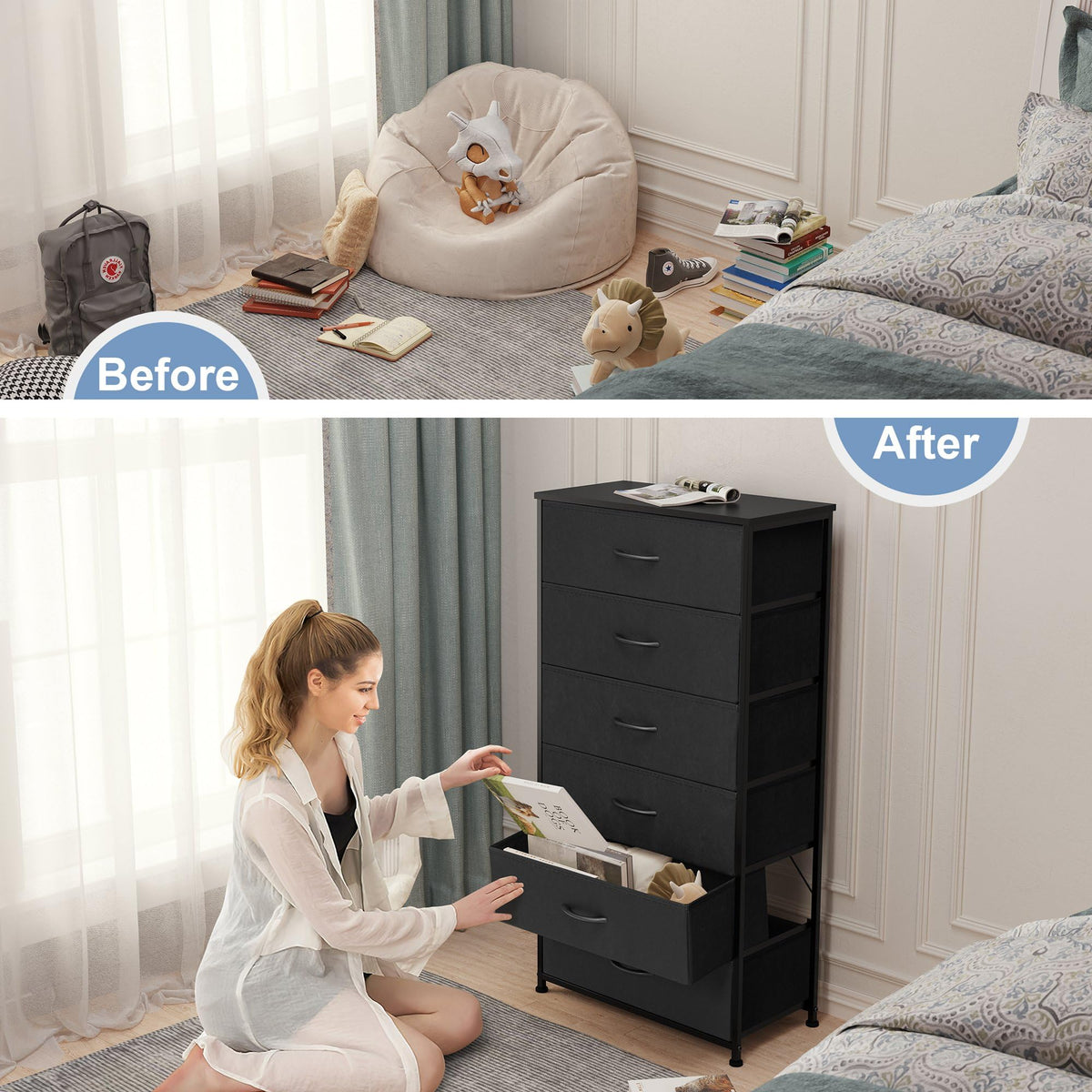 Black 6-Drawer Fabric Dresser S8803