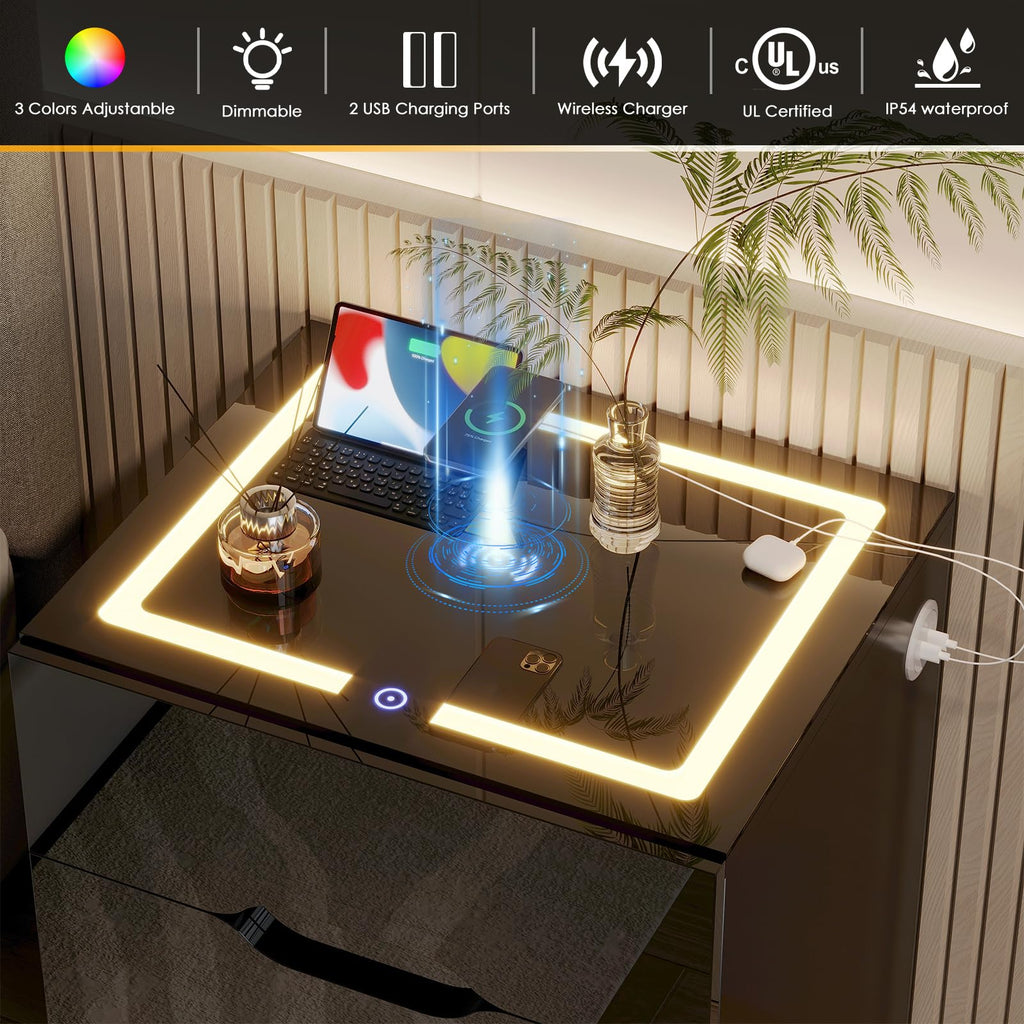 LED Nightstand with Wireless Charging Station 3 Drawers N6012