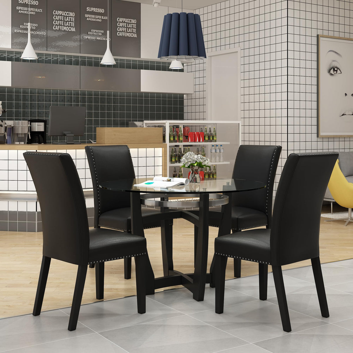 48" Glass Dining Table Set with 4 PU Leather Chairs T834886