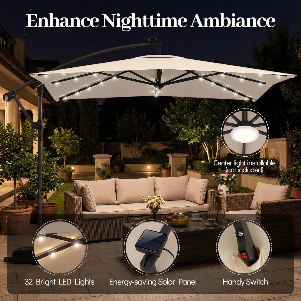 8x8 FT Solar Square Offset Cantilever Umbrella with Base O773275