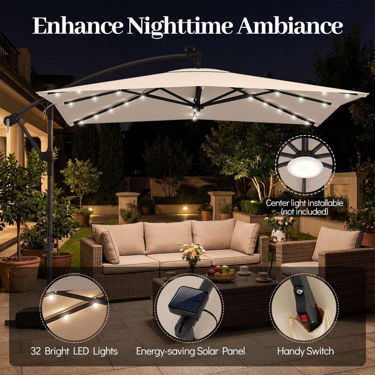 8x8 FT Solar Square Offset Cantilever Umbrella with Base O773275