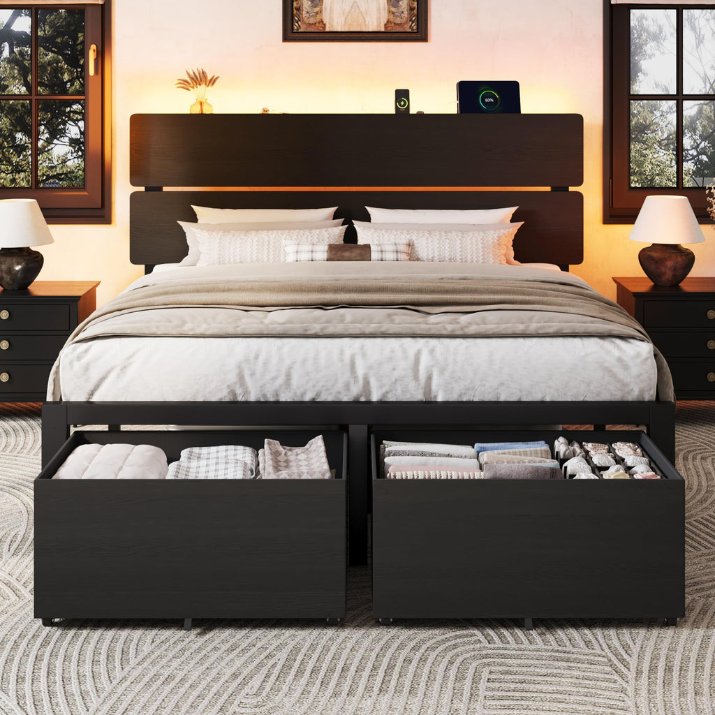 Queen Led Bed Frame with 2 Storage Drawers and Charging Station, Black E116278