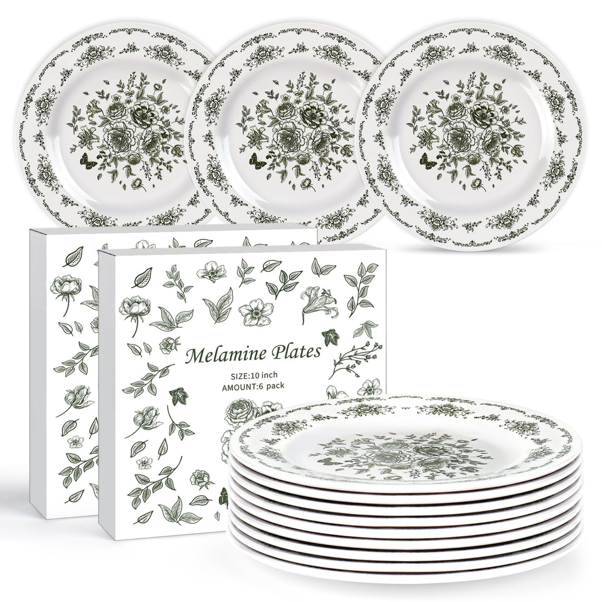 12 Piece 10 inch Green and White Floral Melamine Dinner Plates F9721