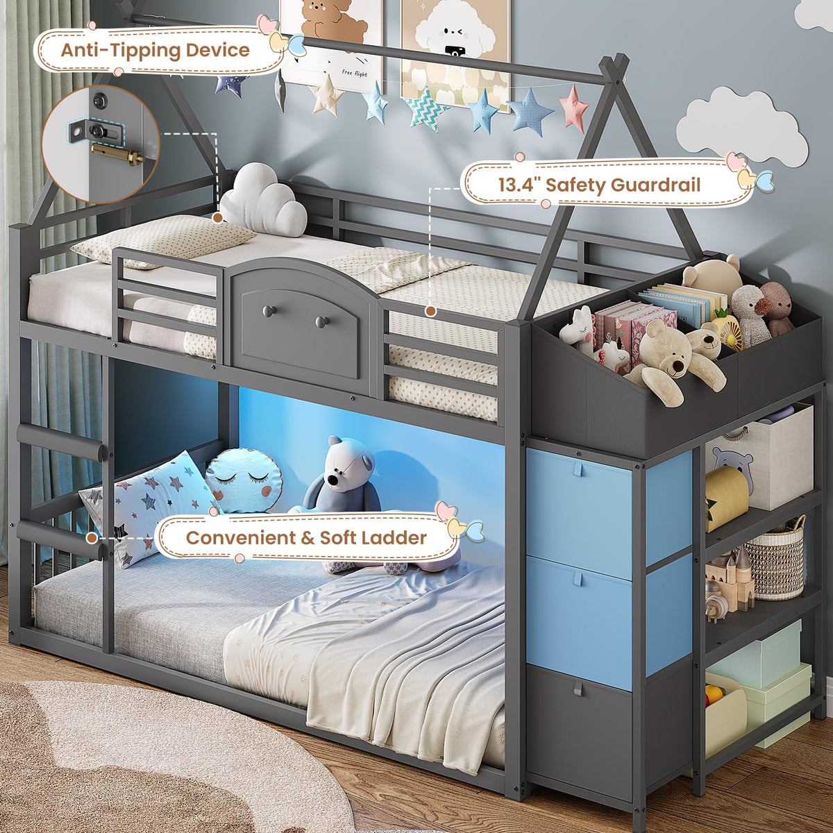 Twin Over Twin Bunk Bed with 3 Storage Drawers and Stairs I159832