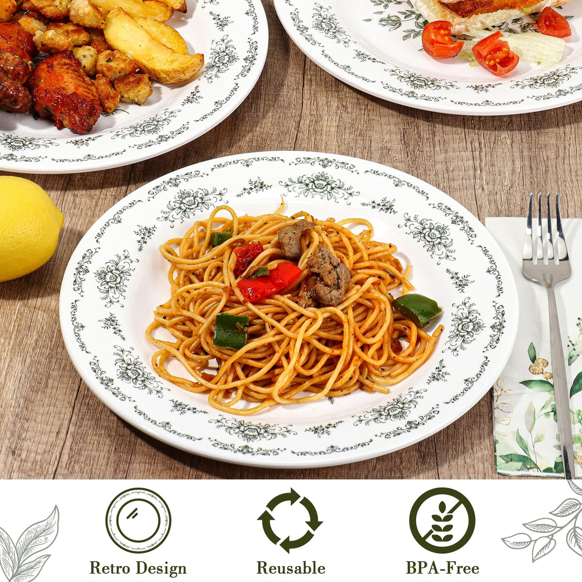 12 Piece 10 inch Green and White Floral Melamine Dinner Plates F9721