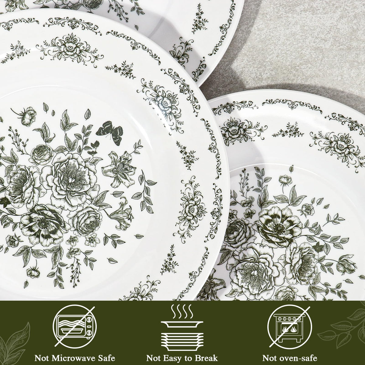 12 Piece 10 inch Green and White Floral Melamine Dinner Plates F9721