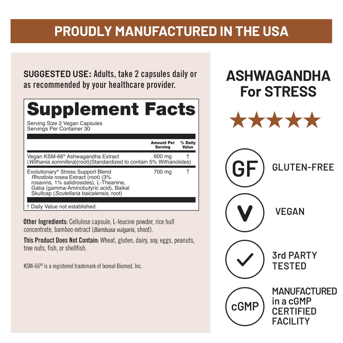 Ashwagandha with KSM-66 Extract GABA L-Theanine Rhodiola Rosea 60 Capsules M953