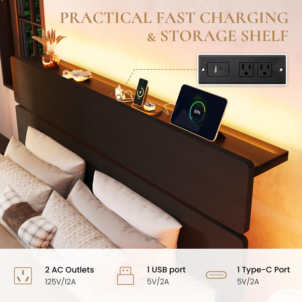 Queen Led Bed Frame with 2 Storage Drawers and Charging Station, Black E116278