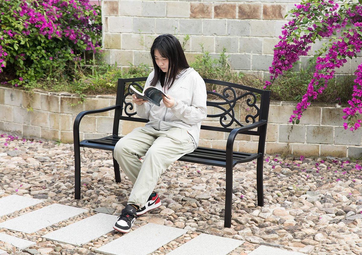 Steel Outdoor Patio Garden Bench with Cast Iron Backrest S80344