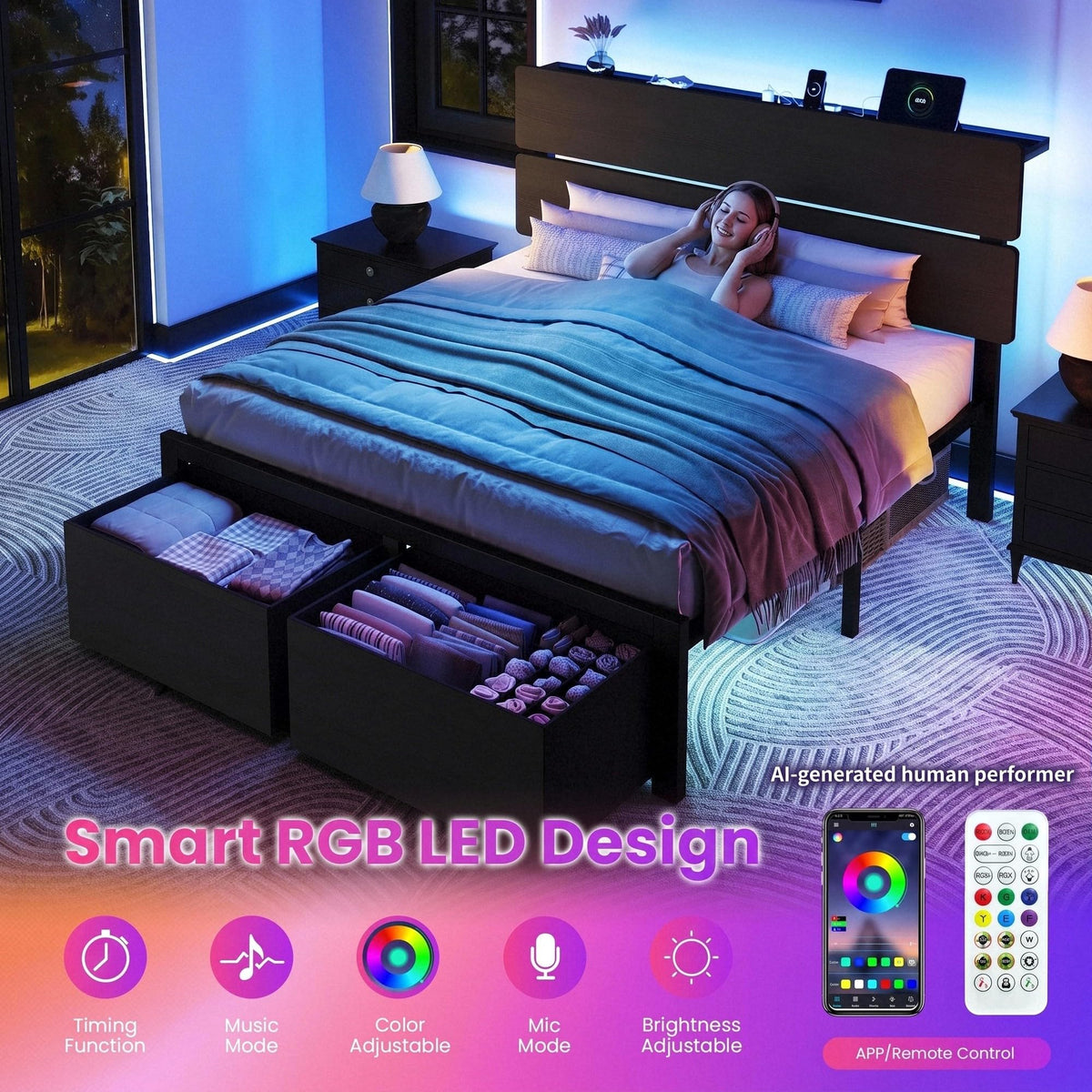 Queen Led Bed Frame with 2 Storage Drawers and Charging Station, Black E116278