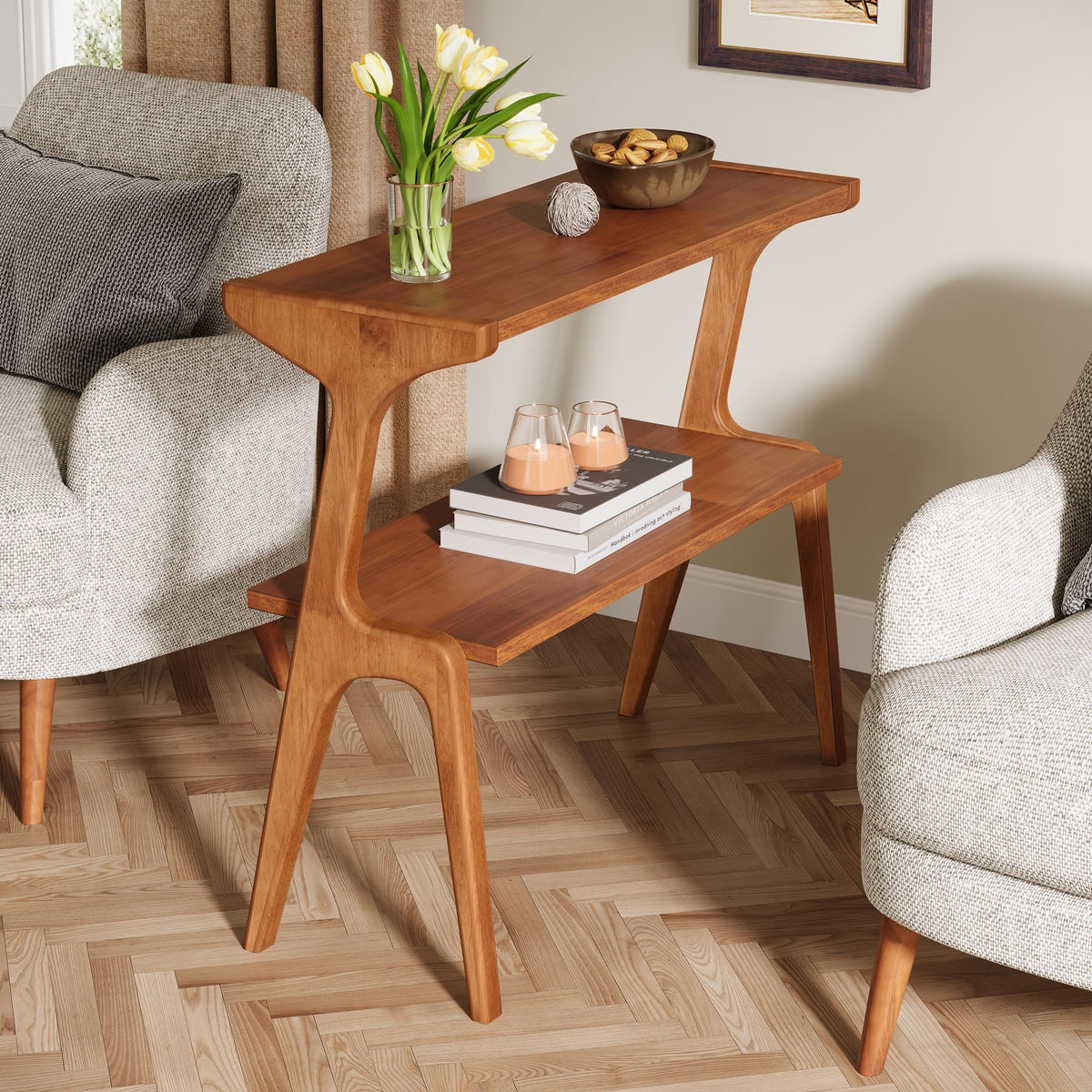 Wood 2-Tier End Table with Storage Shelves W70884