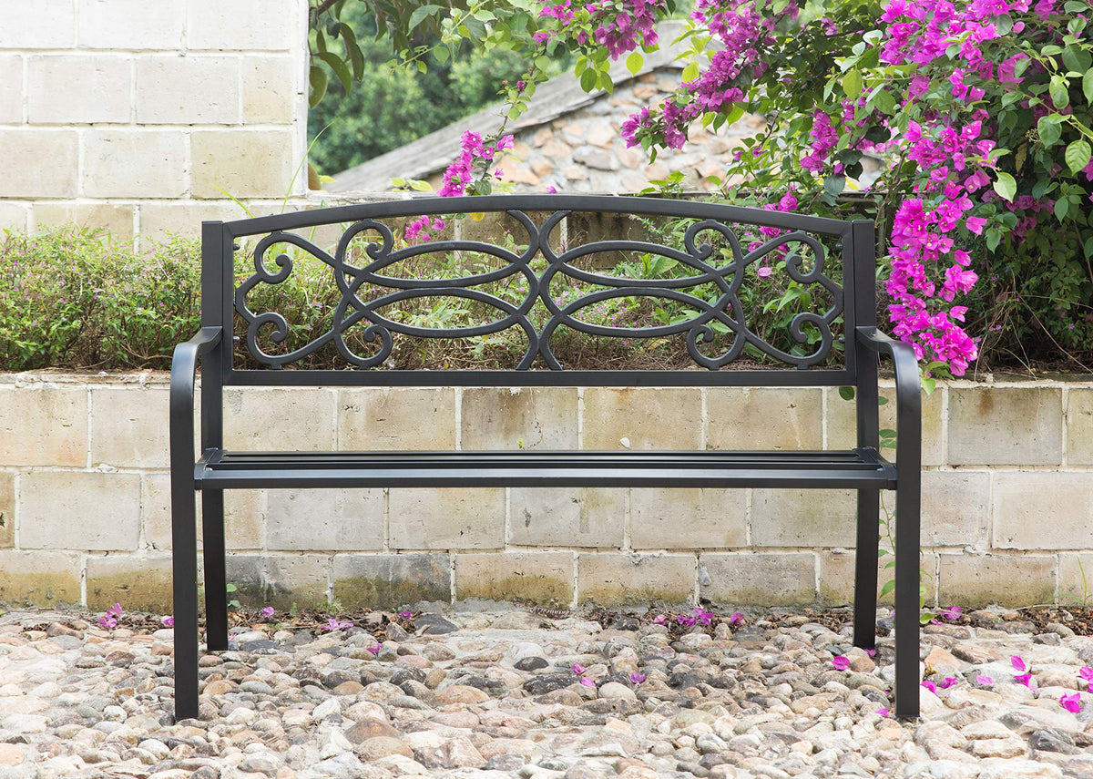 Steel Outdoor Patio Garden Bench with Cast Iron Backrest S80344