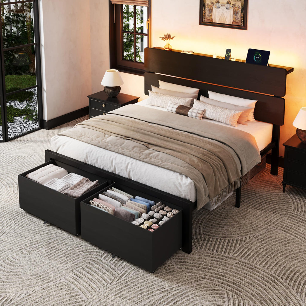 Queen Led Bed Frame with 2 Storage Drawers and Charging Station, Black E116278