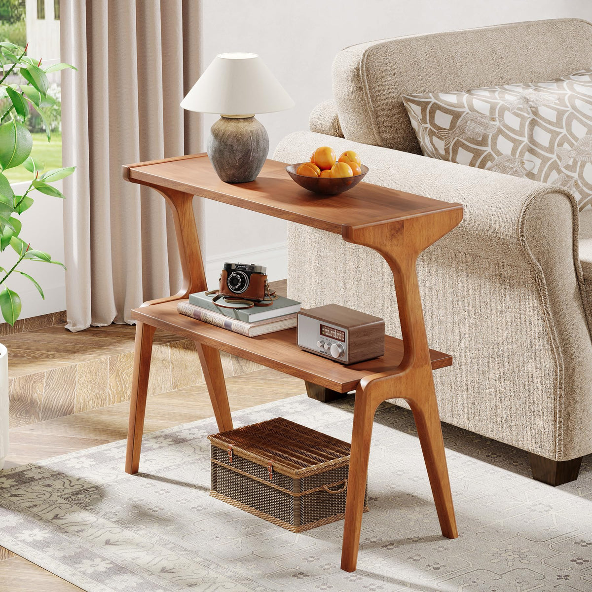 Wood 2-Tier End Table with Storage Shelves W70884