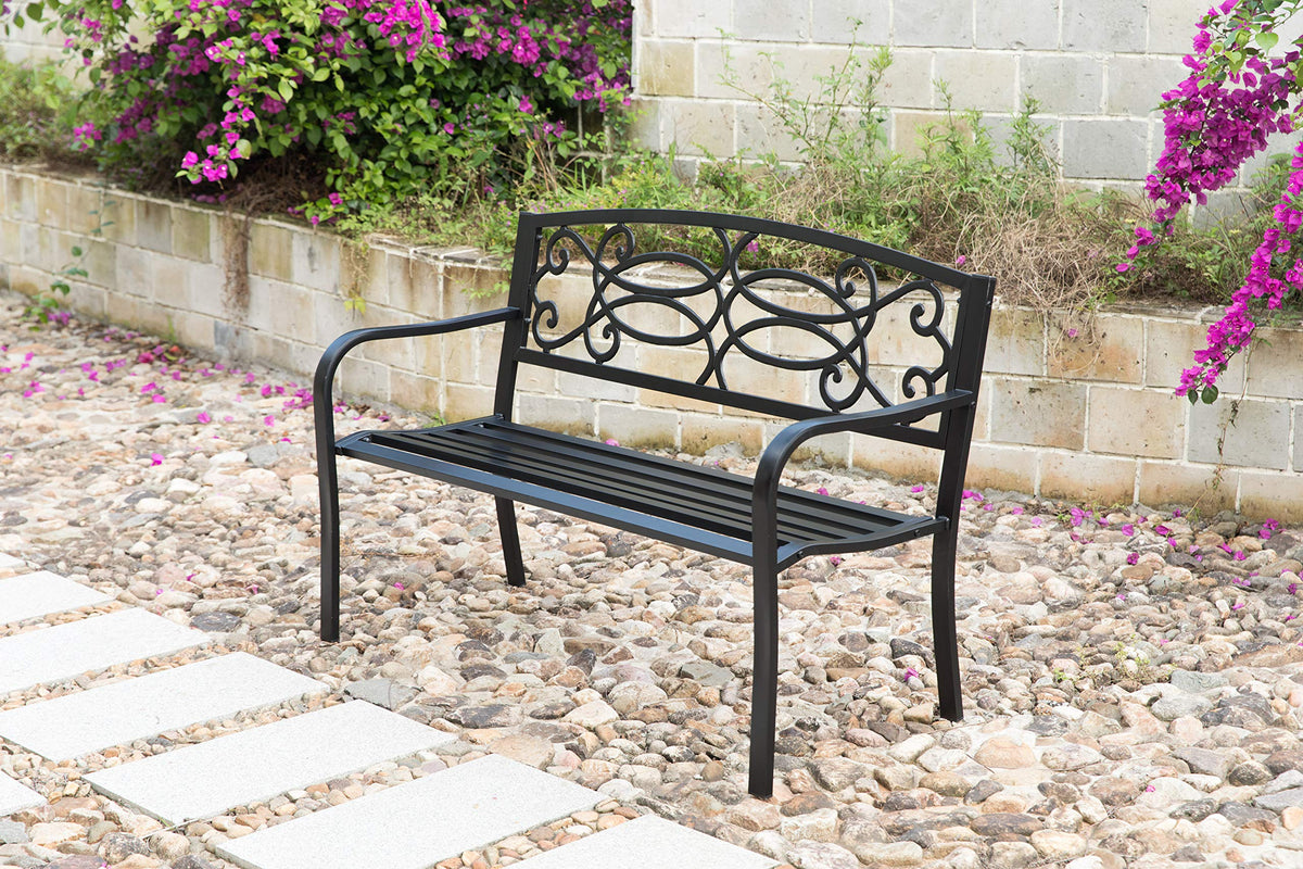 Steel Outdoor Patio Garden Bench with Cast Iron Backrest S80344