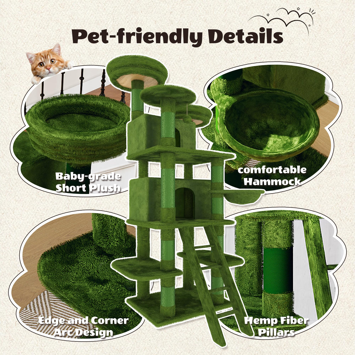 70.87'' Cat Tree Tower with Scratching Post and Hanging Hammock J6780