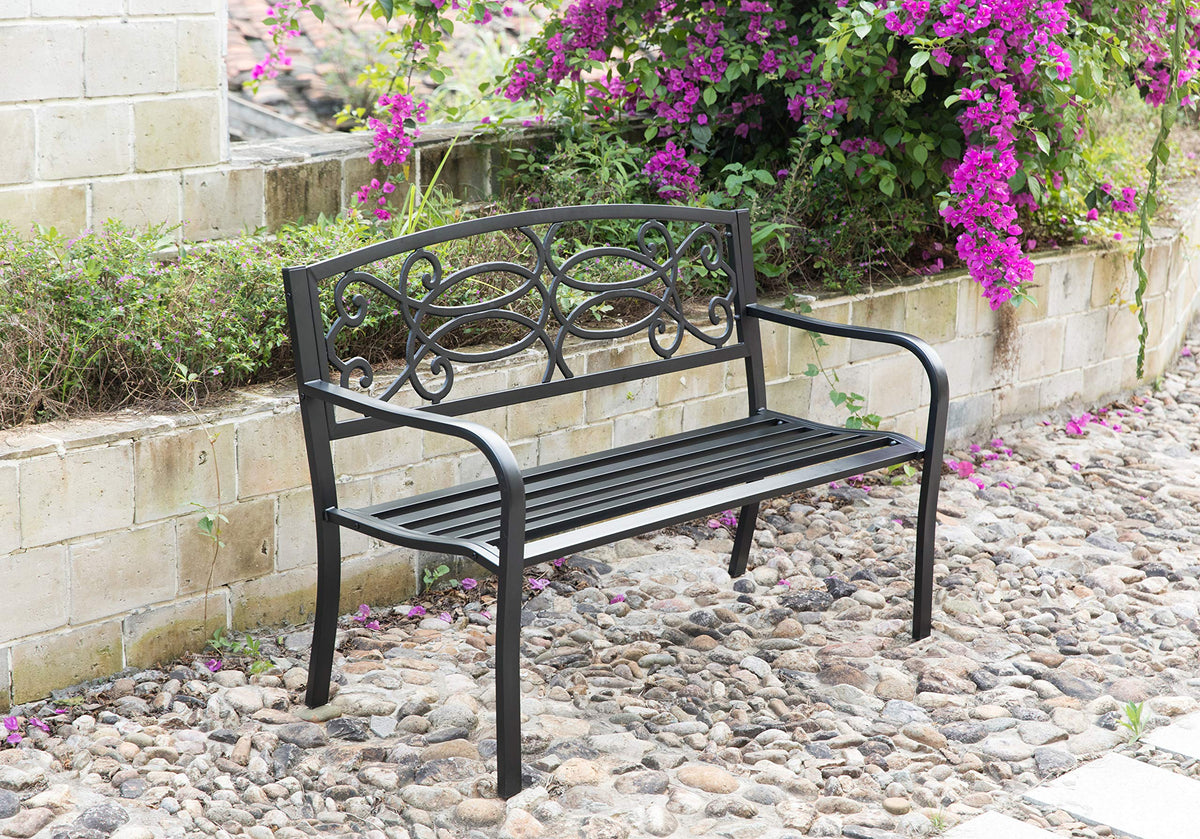 Steel Outdoor Patio Garden Bench with Cast Iron Backrest S80344