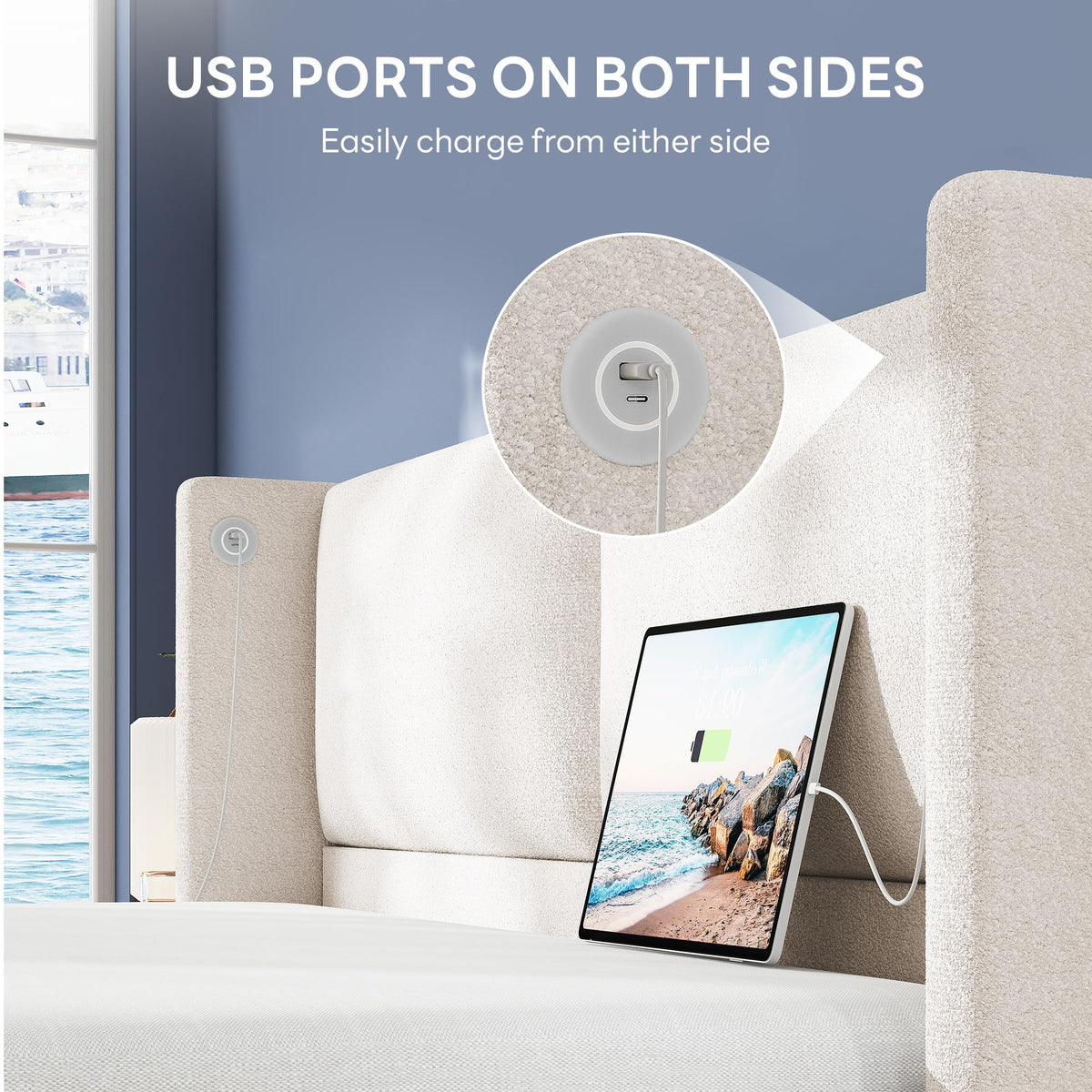 Queen Bed Frame with USB Ports & Wingback Headboard K455